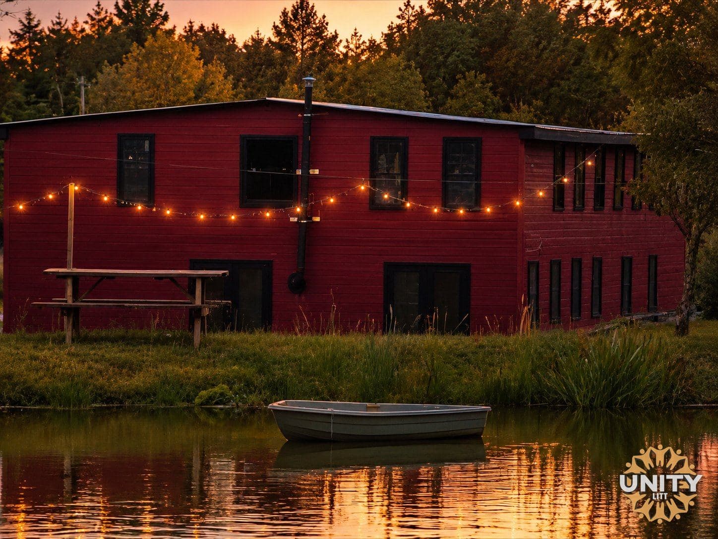 The red barn at the Liberty property strung with warm lights at sunset, reflected in the pond, a small rowboat moored at the bank