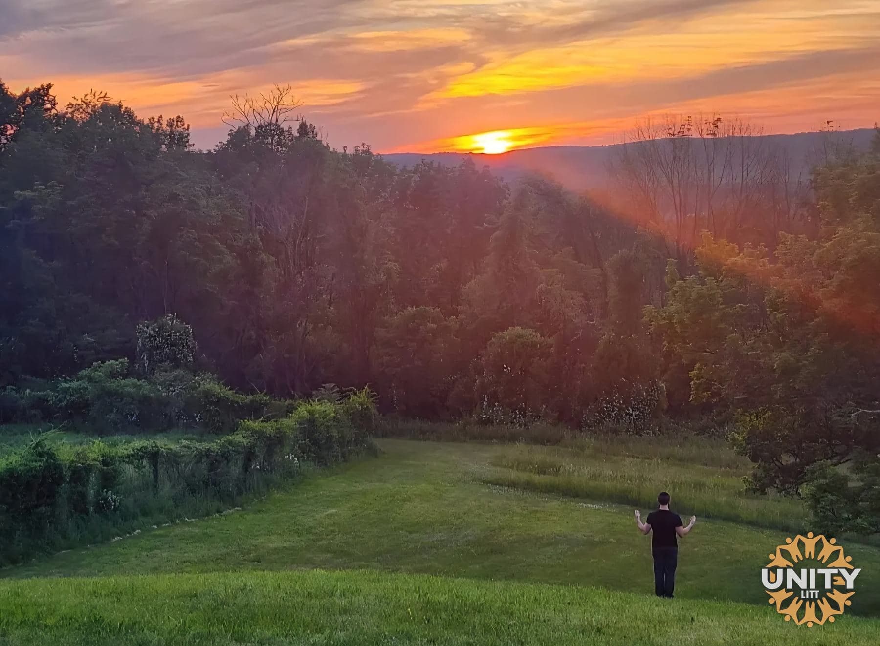A figure alone in a field as the sun goes down behind the trees
