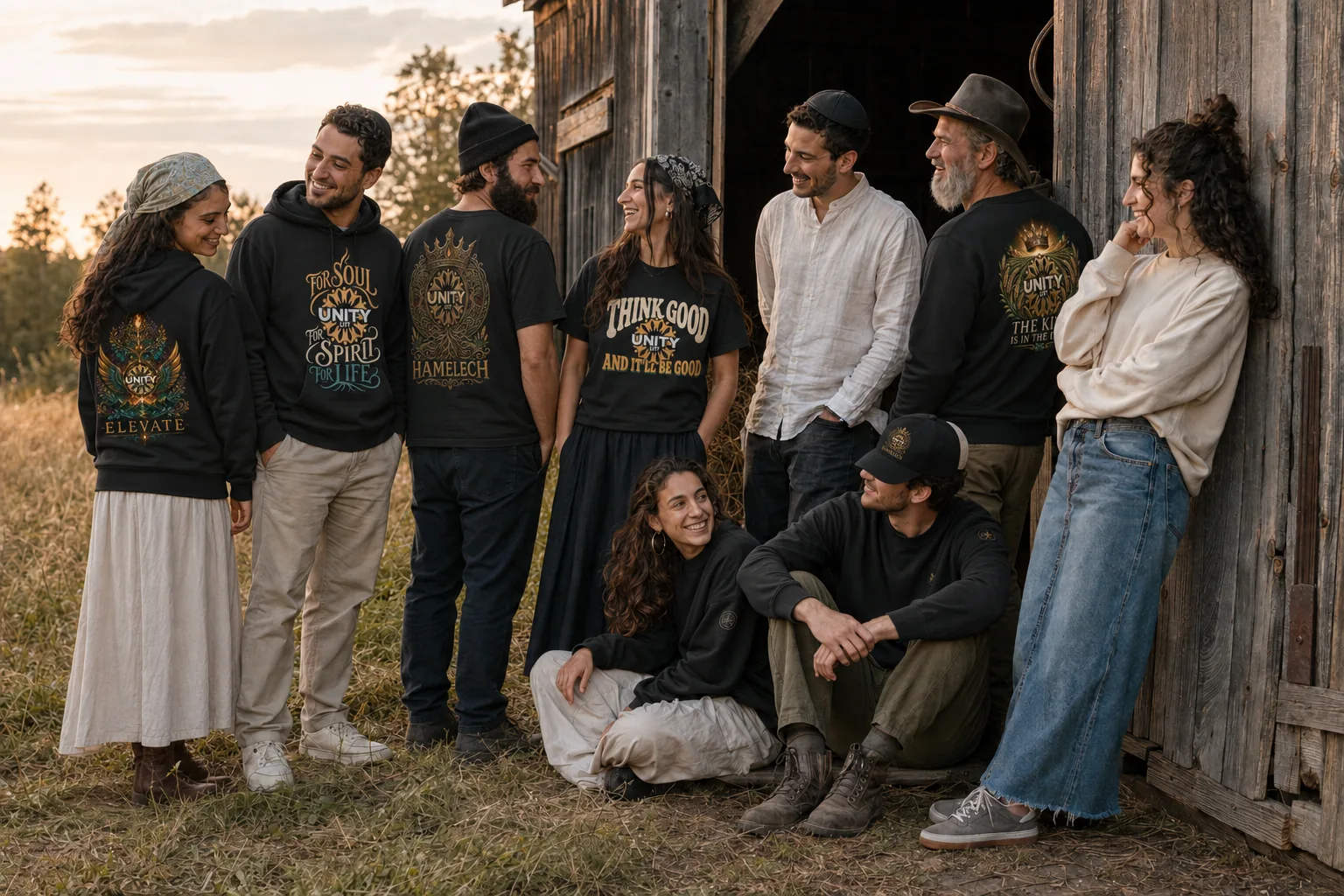 Six people in black hoodies and sweatshirts outside a barn