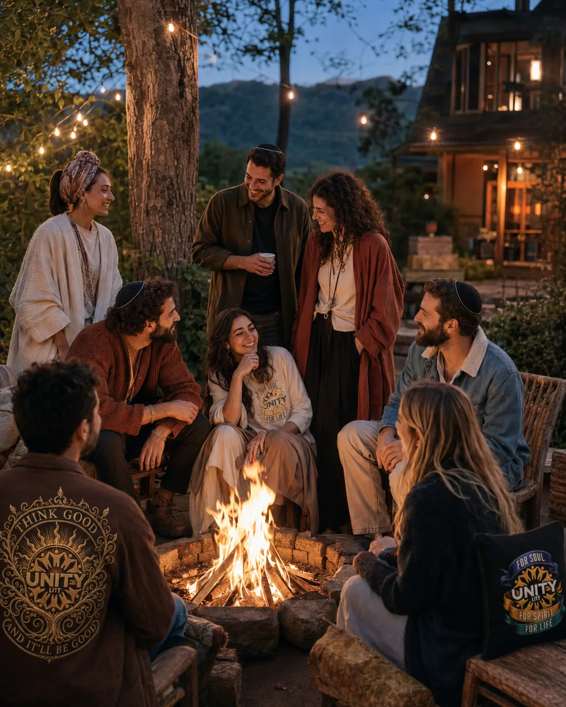 Four people with mugs at a wooden coffee bar