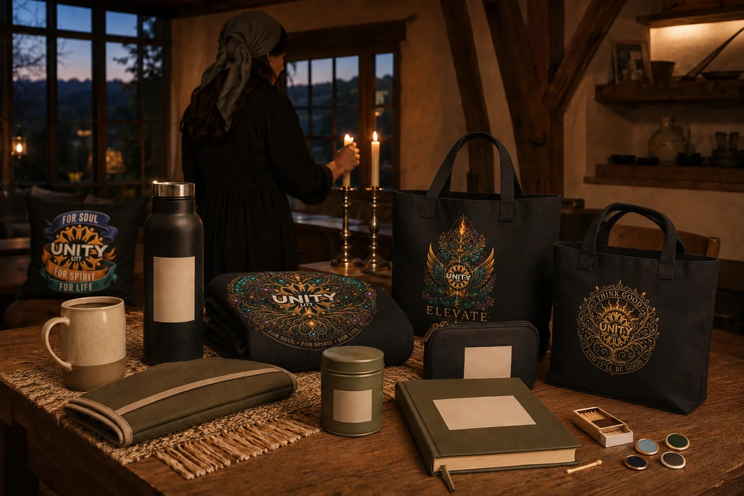 A blanket, tote, notebook and mug together on a table by candlelight