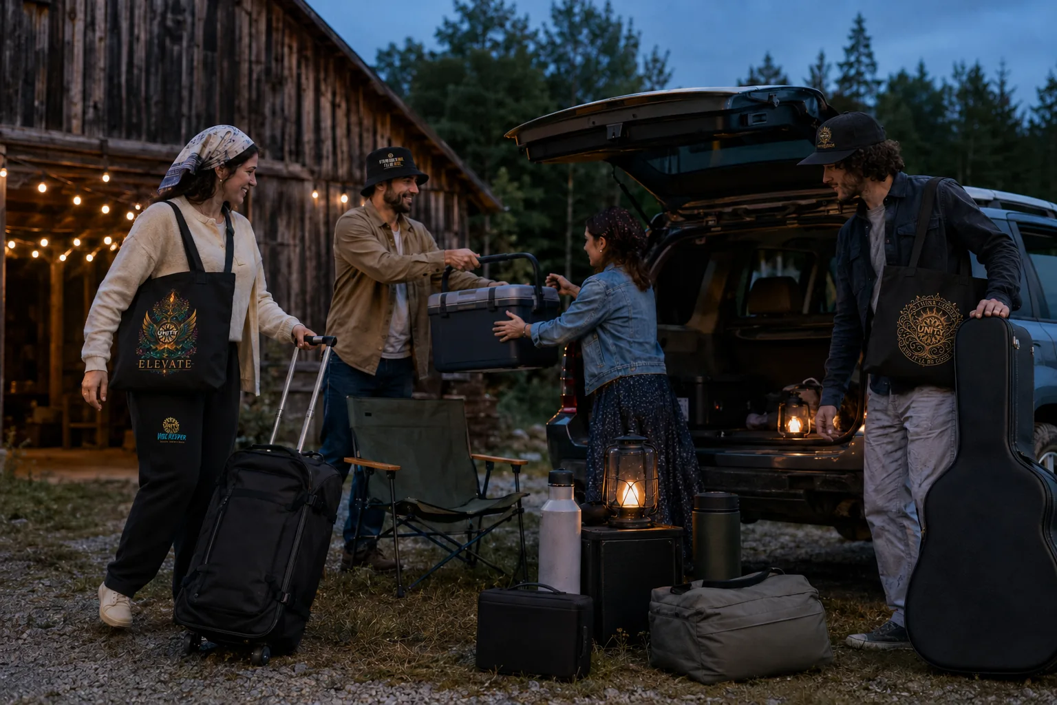 Bags, lanterns and a guitar being unloaded at nightfall